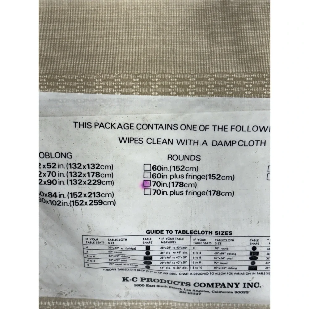 K C VINYL FLANNEL Back  TABLECLOTH Beige  Round 70'' Vintage NEW USA Made‎